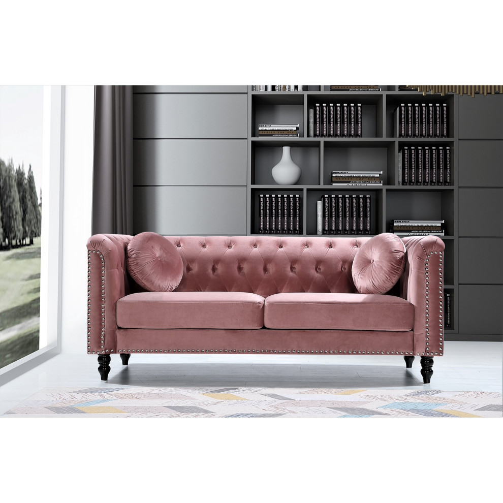 Elegant Sofa  Nailhead Trim  ampButton Tufted Back With 2 Pillows   Eclectic   Sofas   by Decorn  Houzz