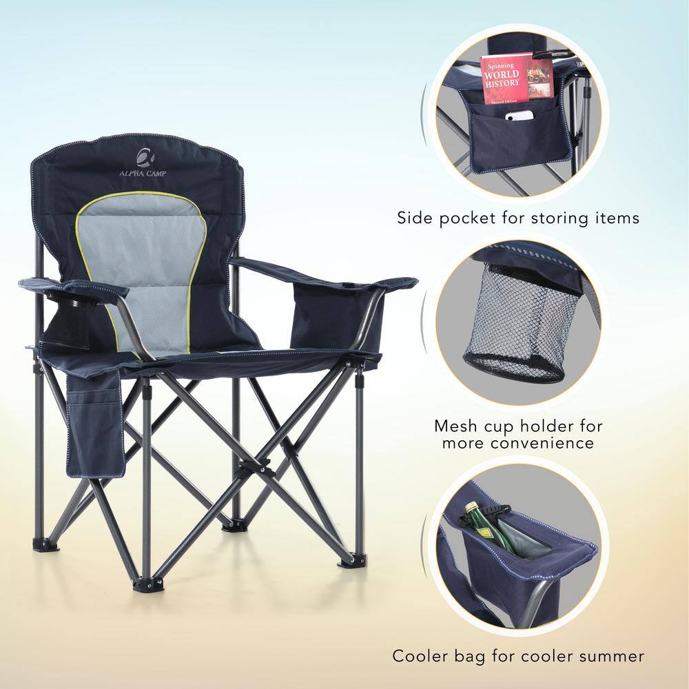 PHI VILLA Oversized Folding Camping Chair With Cooler Bag Thicken Padded Chair Heavy-Duty Linearity Design THD-E01CC403-NB