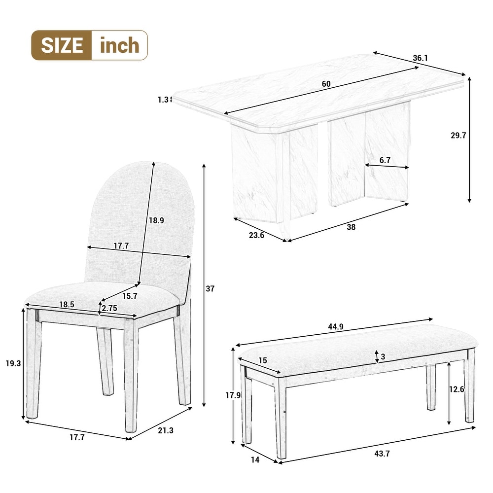 Rectangular Marble Texture Table and 4 Upholstered Dining Chairs1 Bench for Dining Room  6 Piece Modern Dining Table Set