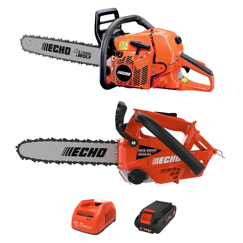 ECHO 59.8cc 2-Stroke Cycle Gas Chainsaw  eFORCE 56V Cordless Battery Chainsaw Combo Kit w 2.5Ah Battery and Charger(2-Tool) V-CABCAD