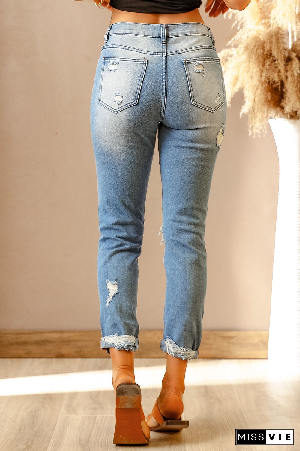 Light Blue Washed Ripped Straight Legs Jeans