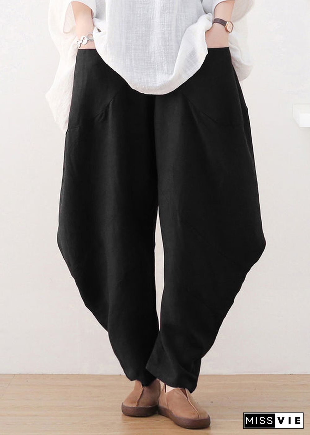 Black Elastic Waist Pockets Wide Leg Pants Fall