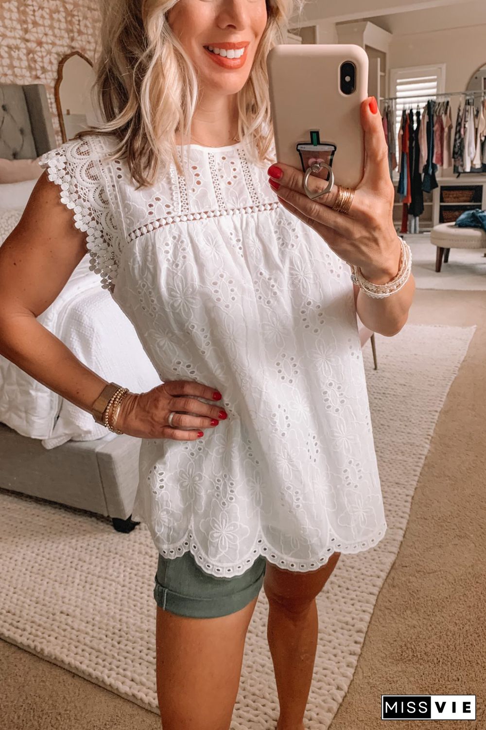 White Sleeveless Eyelet Tank Top