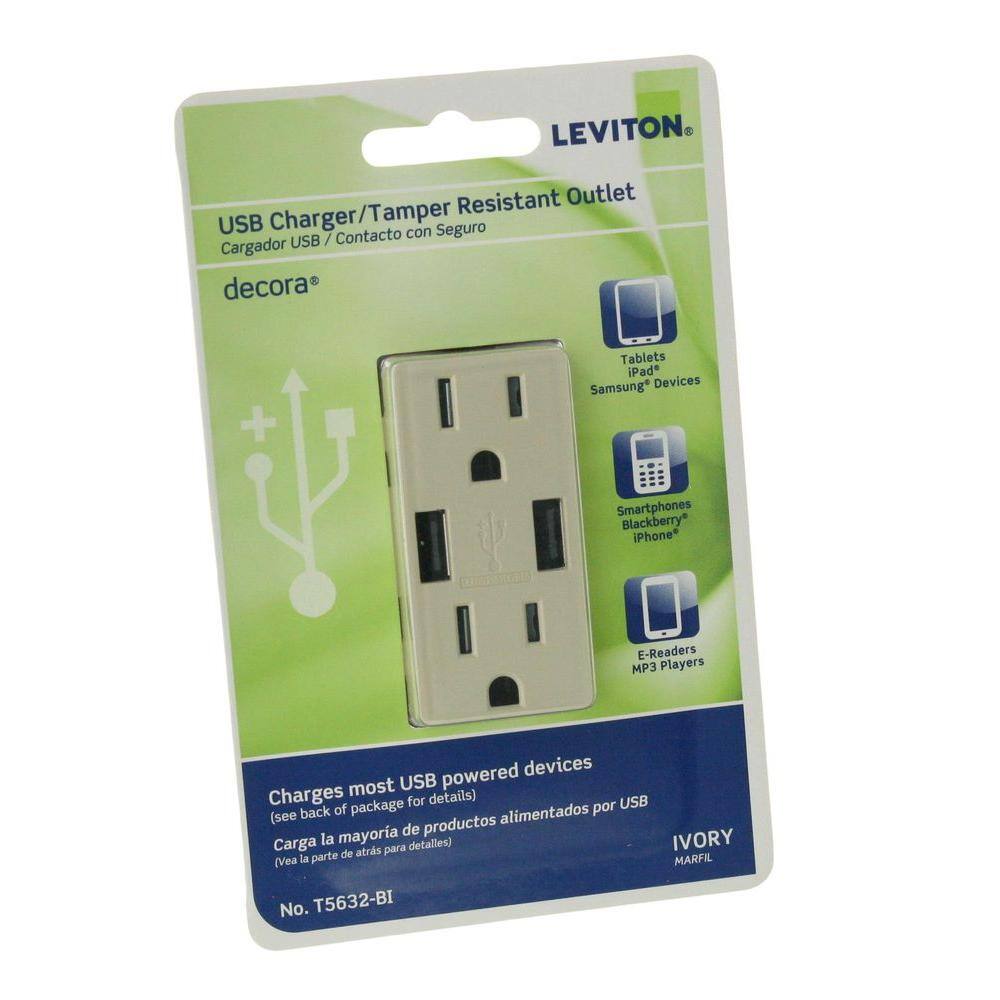 Leviton 3.6A USB Dual Type A In-Wall Charger with 15 Amp Tamper-Resistant Outlets Ivory R01-T5632-0BI