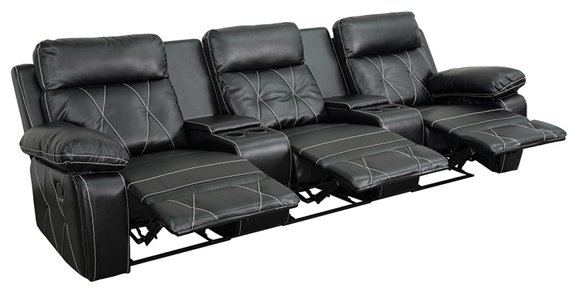 3  Seat Reclining Black LeatherSoft Theater Seating Unit  Straight Cup Holder   Transitional   Theater Seating   by Homesquare  Houzz