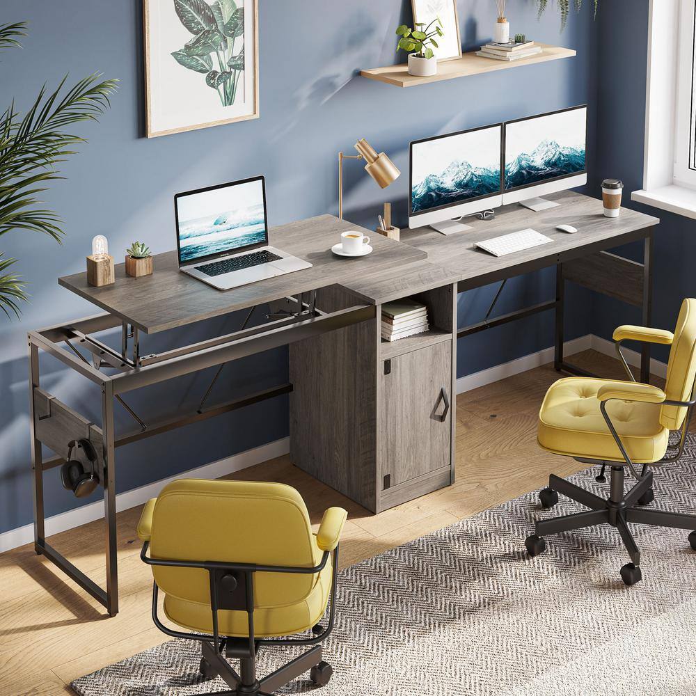 Bestier 60 in. Wash Grey Reversible L-Shaped Computer Desk With Lift-Top and Cabinet H100824B-GRYW