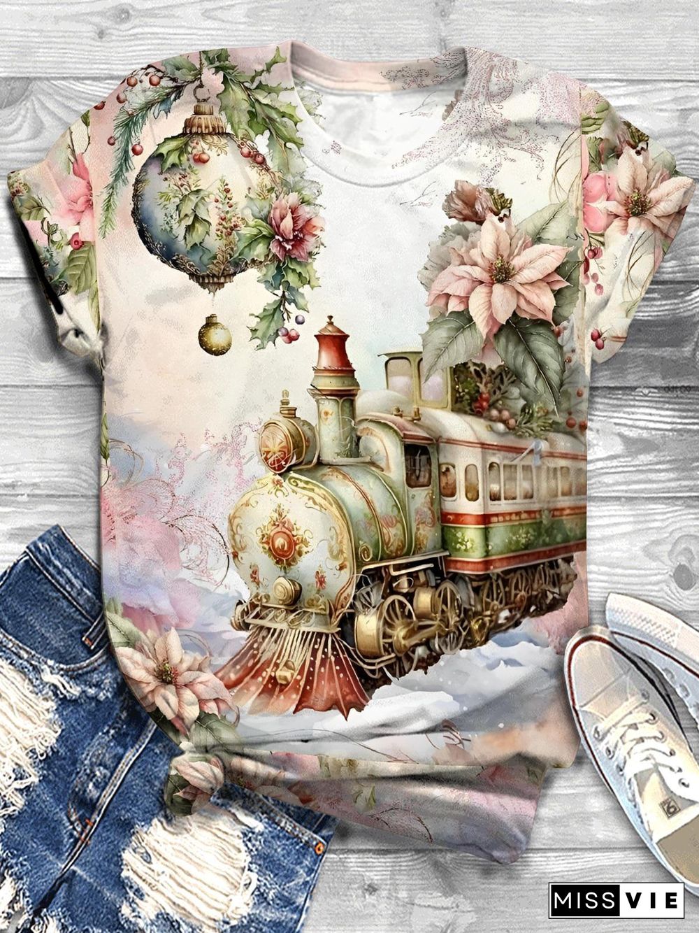 Christmas Train Print Crew Neck T-shirt