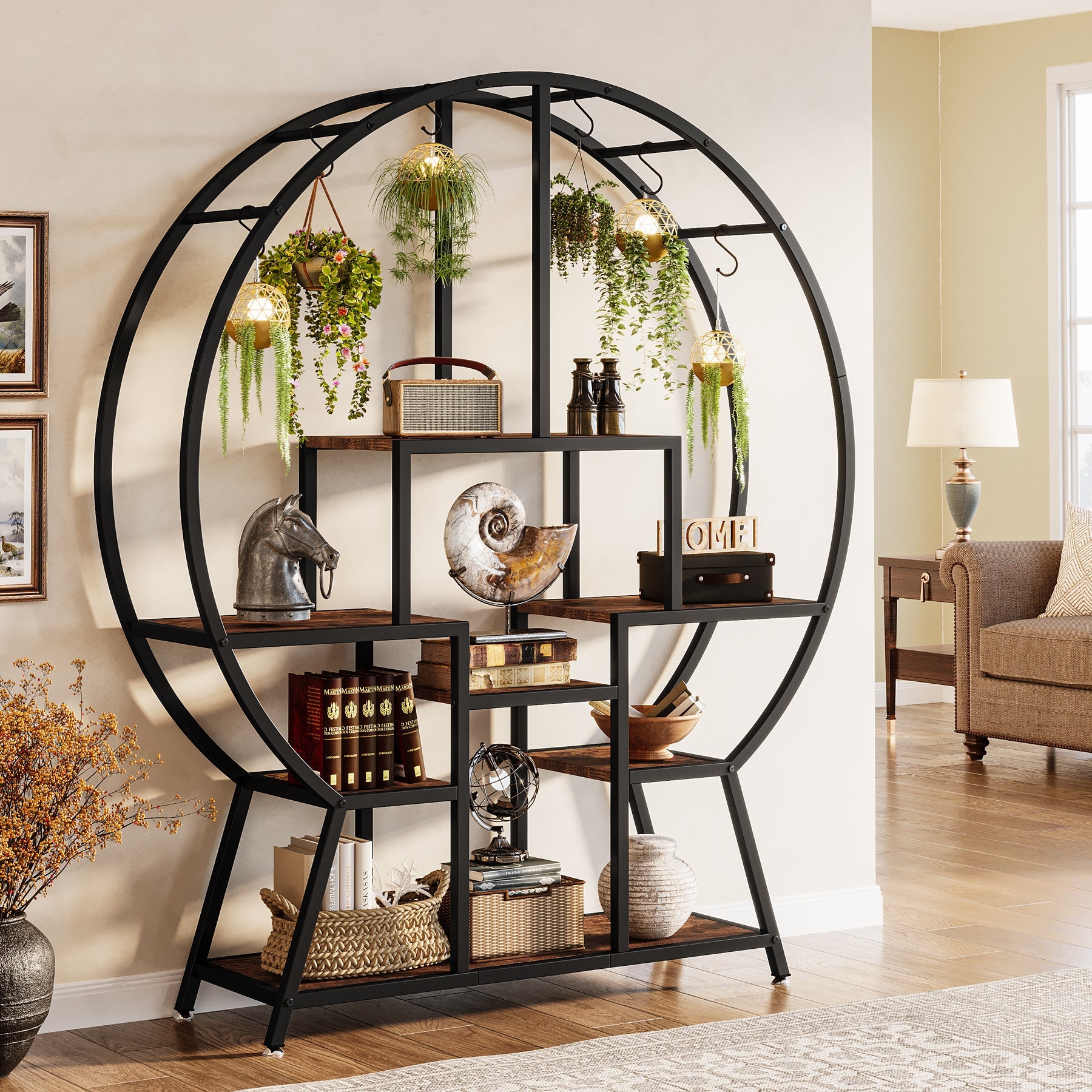 65 Bookshelf, Round Etagere Bookcase with 7-Tier Storage Shelving