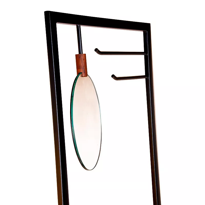 71 Inch Metal Frame Coat Rack， Built In Mirror， 1 Drawer， Acacia Wood， Brown， Black