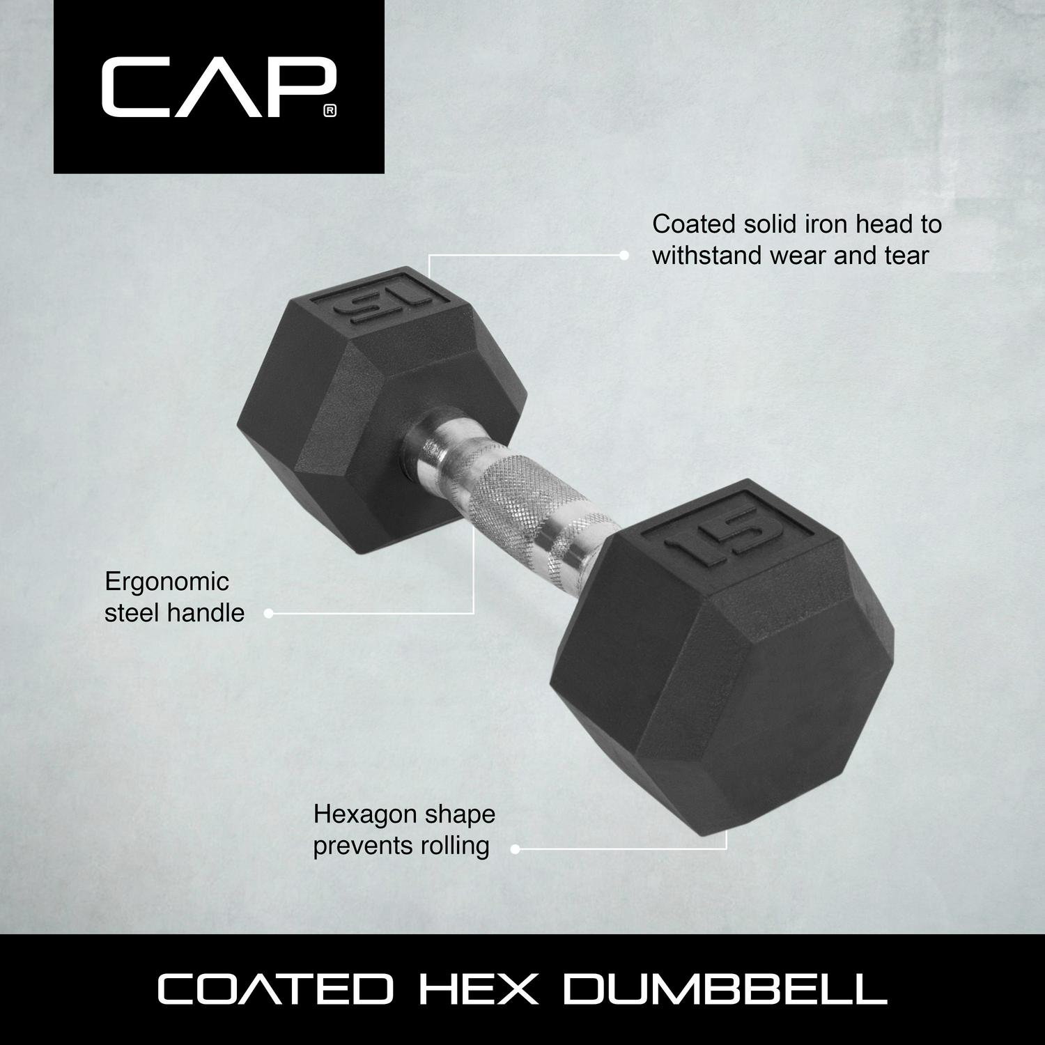 CAP Barbell， 10lb Coated Rubber Hex Dumbbell， Pair (Ships in 2 Boxes)