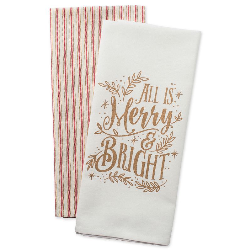 Set of 2 White and Red Merry and Bright Christmas Printed Rectangular Dishtowels 28