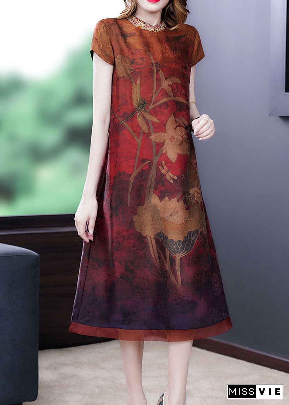 Fitted Red Print Stand Collar Silk Dresses Short Sleeve