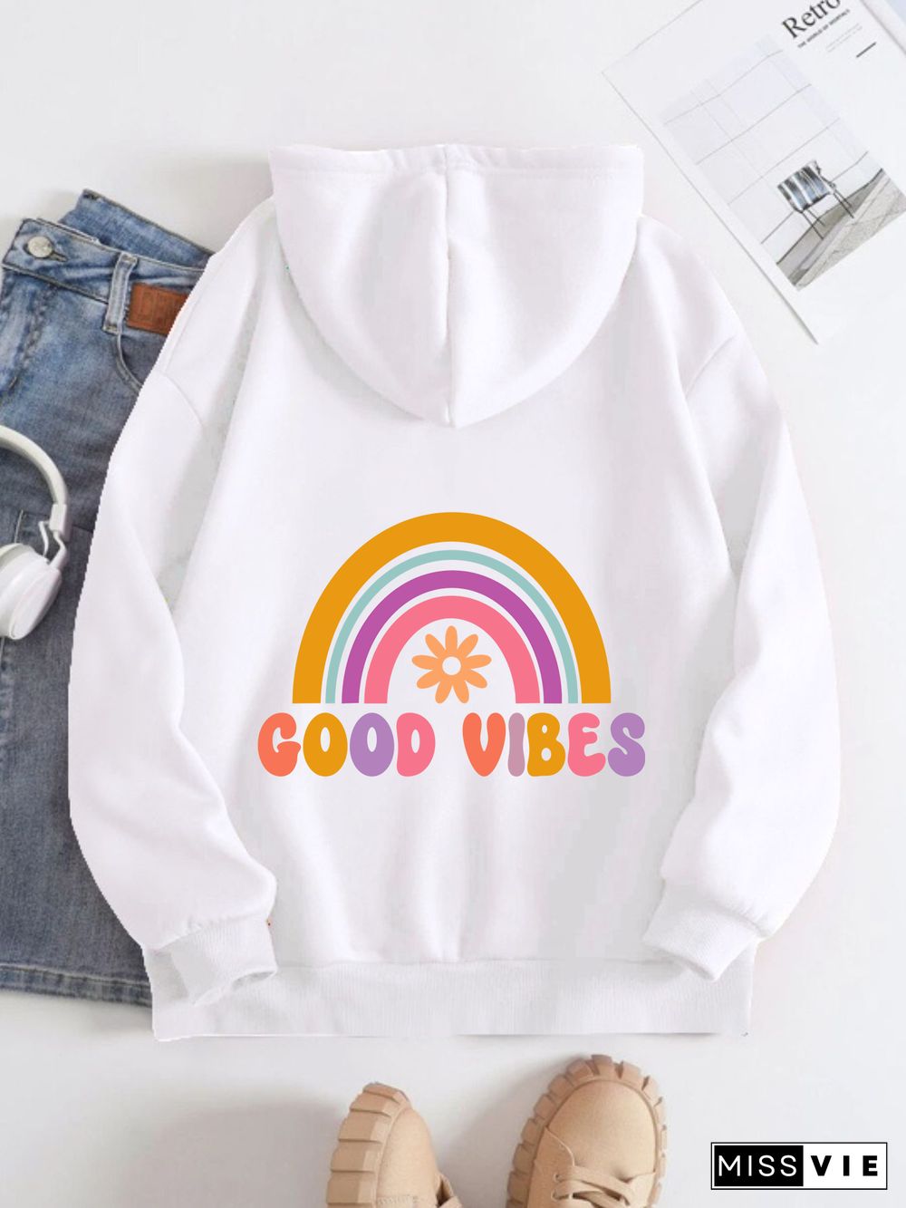 Printed on the Back Kangaroo Pocket Hoodie Long Sleeve for Women Pattern good vides