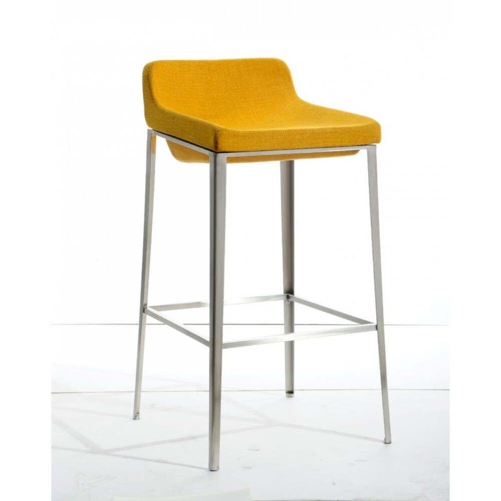 Fabric Upholstered Metal Bar Stool， Yellow and Silver