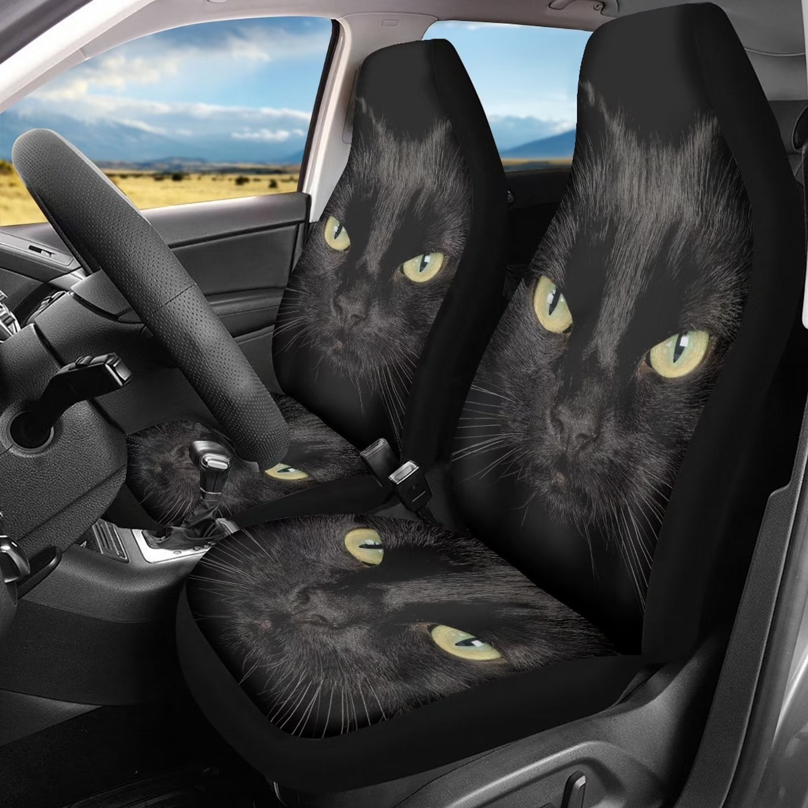 NETILGEN 2 Pcs Set Black Cat Pattern Car Covers Set Non Slip Saddle Blanket Waterproof Car Seat Covers Full Set Accessories for Men Women