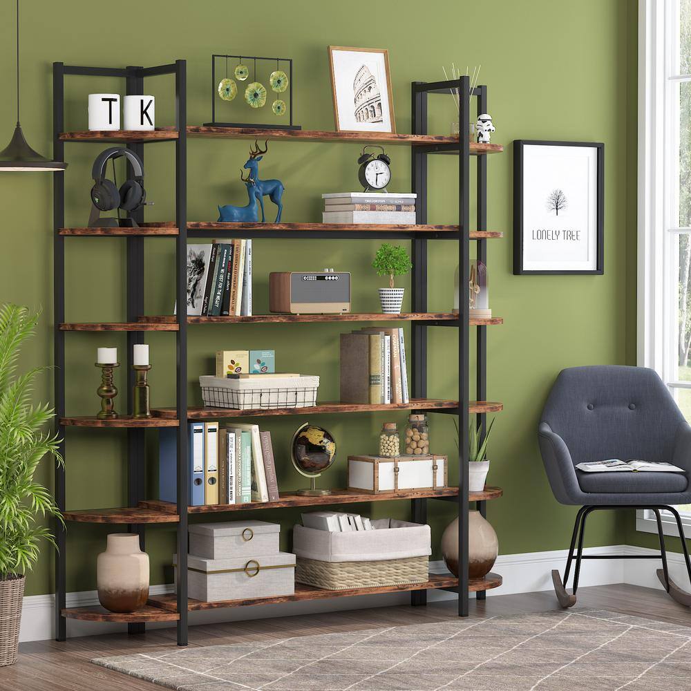 BYBLIGHT Alan 70.86 in. Brown Practical Board 6-Shelf Etagere Bookcase with Storage and Triple Wide Bookshelf Display Shelves BB-XX1235YY