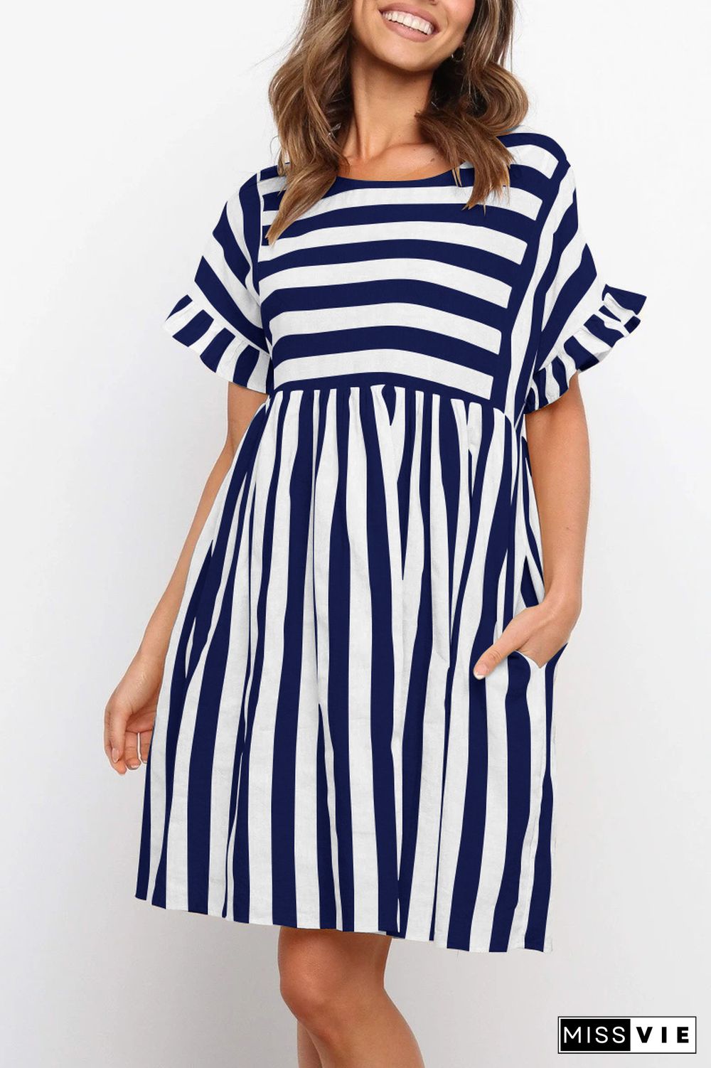 KarliDress Flounces Short Sleeved Stripes Mini Dress P12547