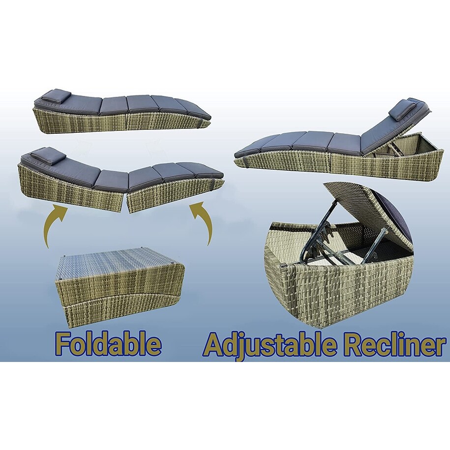 Outdoor SunBathing Wicker Reclining Chaise Lounge with Cushion Folding Sun Lounger Chair Patio Backrest Pillow