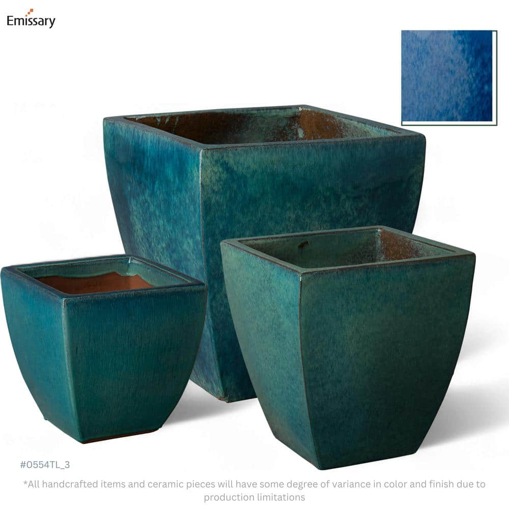 Emissary 19 in. L x 21 in. H Teal Ceramic Square Planter with Drainage Hole 0554TL-3