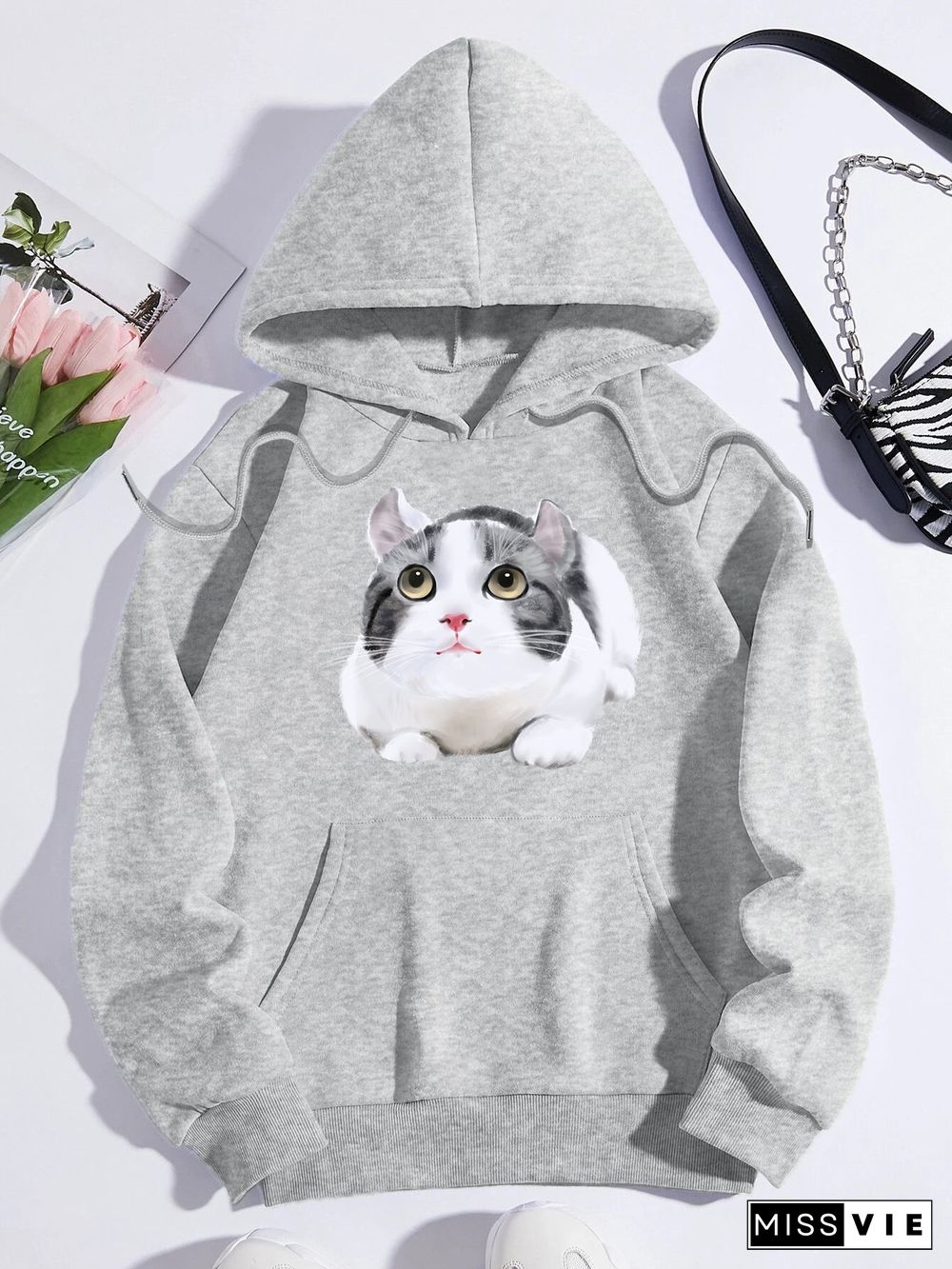 Printed on front Kangaroo Pocket Hoodie Long Sleeve for Women Pattern  Gray and White Cat