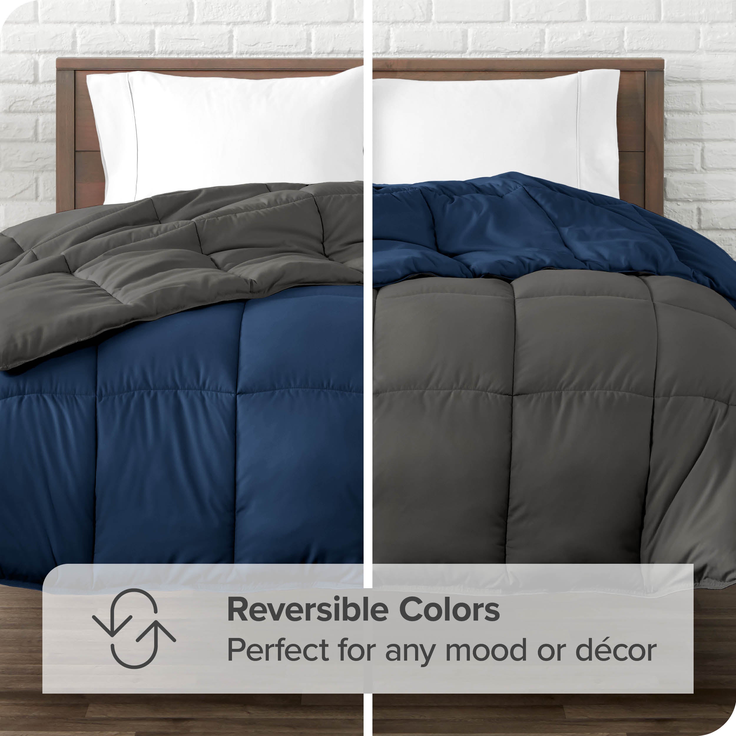 Bare Home Ultra Soft Reversible Comforter， Goose Down Alternative， Queen， Dark Blue/Gray