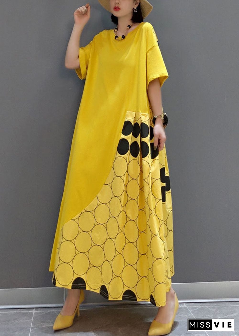 Italian Yellow O-Neck wrinkled Patchwork Maxi Dresses Spring