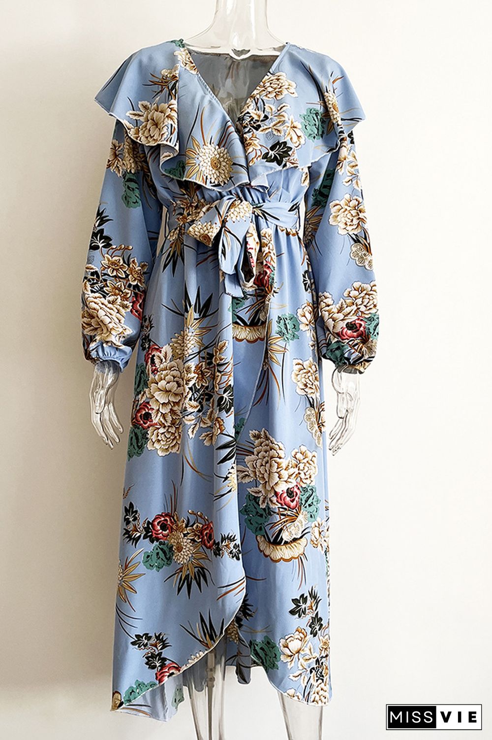 Ruffles V Neck High Split Floral Maxi Dress