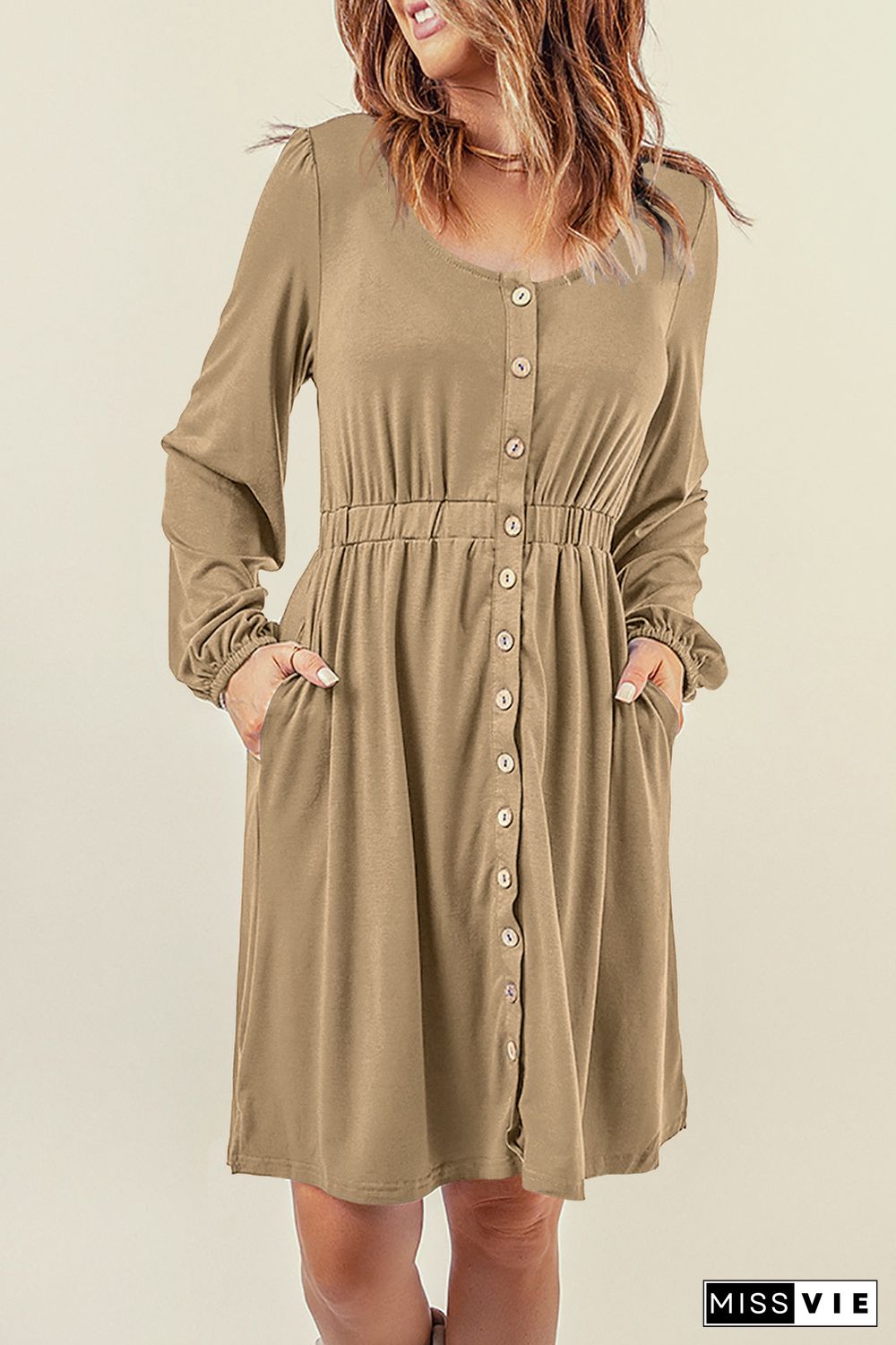 Khaki Button Up High Waist Long Sleeve Dress