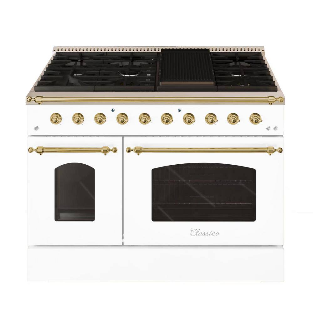 Hallman CLASSICO 48 in. TTL 6.7 Cu. ft. 8 Burner Freestanding All Gas Range with LP Gas Stove and Gas Oven White Brass Trim HCLRG48BSWT-LP