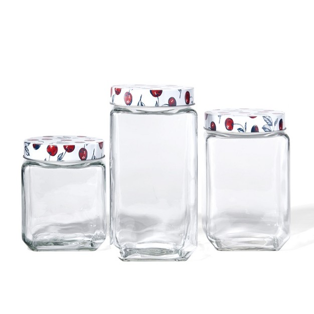 American Atelier Square Clear Glass Jars Set Of 3 Cherry Design On Airtight Lid For Coffee Beans And Dry Goods 45 63 And 74 ounce Capacity