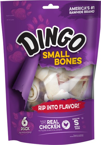 Dingo Small White Bone Dog Rawhide Treat， 8-oz bag， 6 count