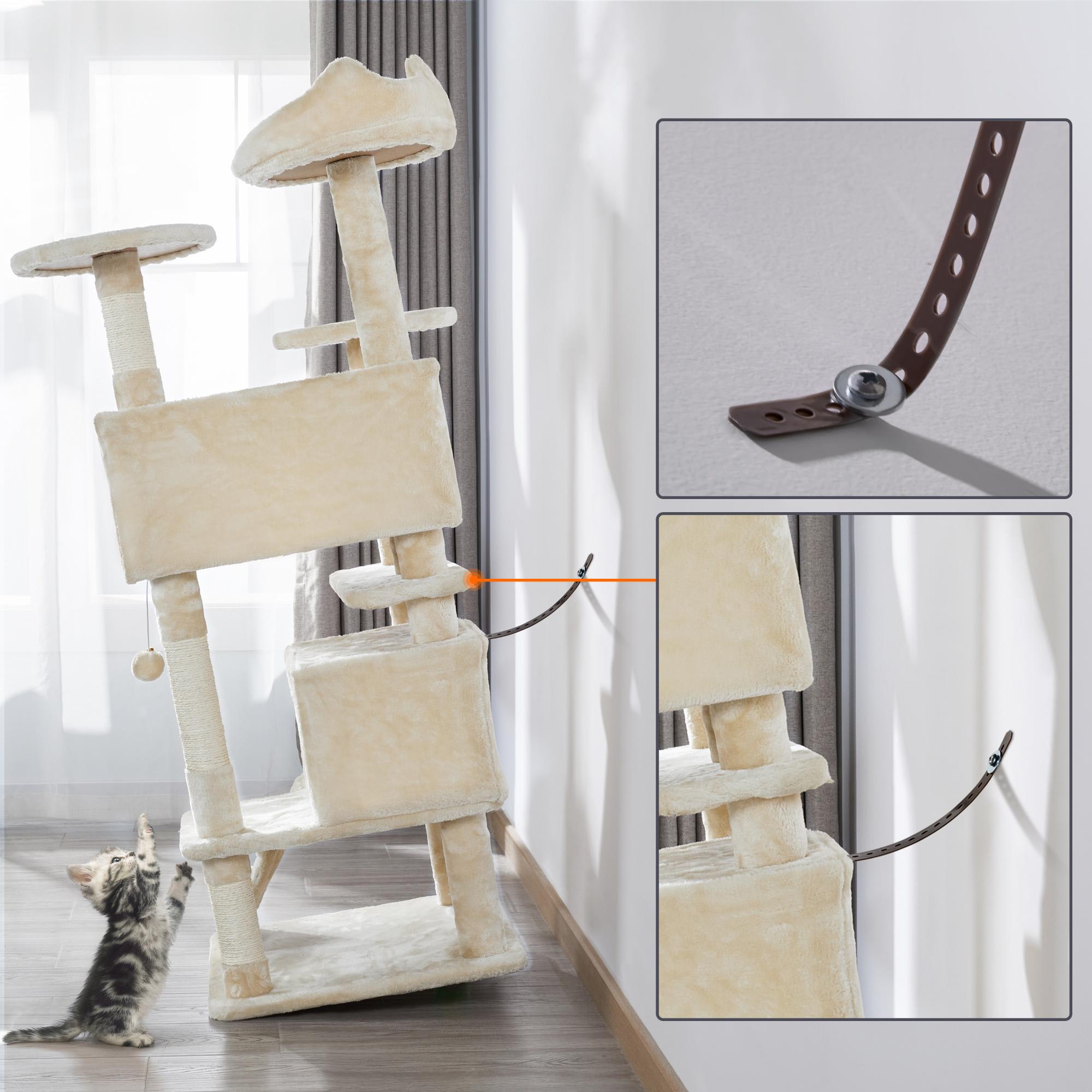 Topeakmart Beige 3-Level Plush Cat Tree with 2 Condos， 54