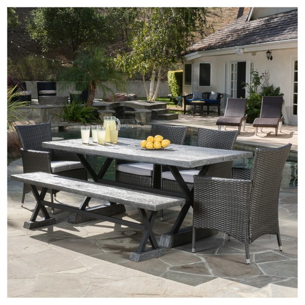 Ponza 6pc Rectangle Wicker amp Light Weight Concrete Patio Dining Set Gray Christopher Knight Home