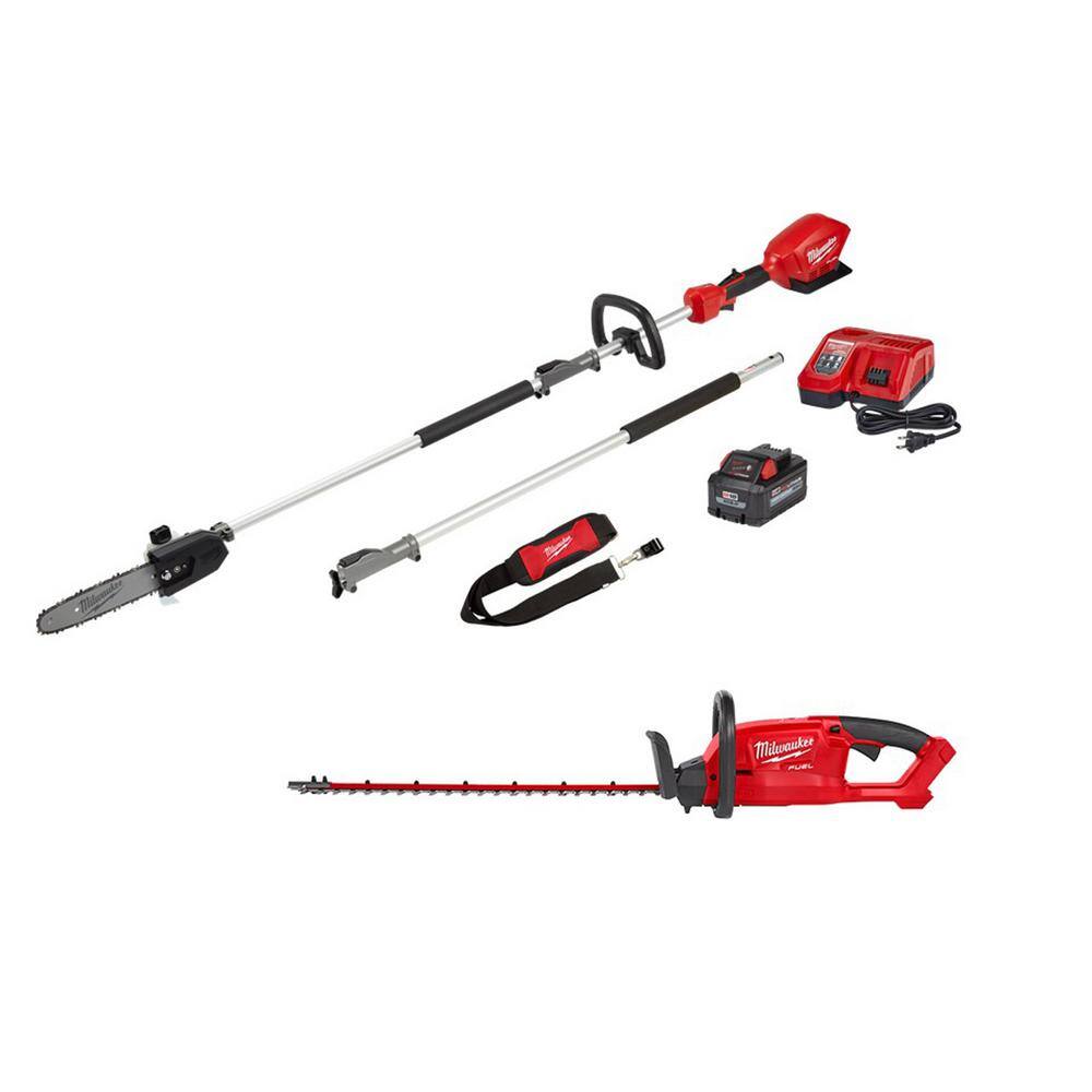 MW M18 FUEL 10 in. 18V Lithium-Ion Brushless Electric Cordless Pole Saw Kit w M18 FUEL 24 in. Hedge Trimmer  8Ah Battery 2825-21PS-2726-20