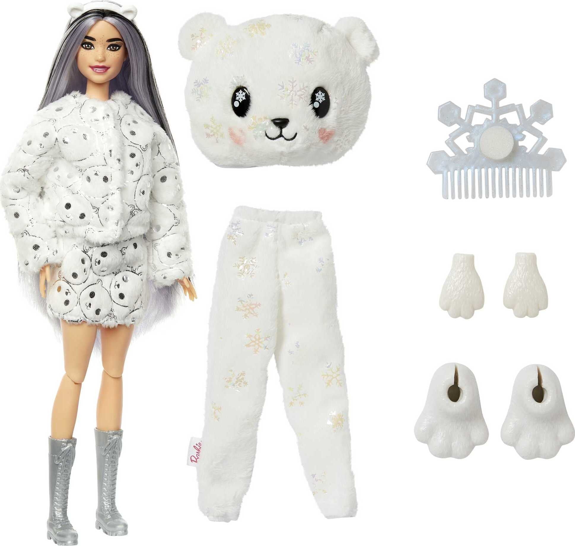 Barbie Cutie Reveal Snowflake Sparkle Fashion Doll, Polar Bear Plush Costume, Mini Pet & Accessories