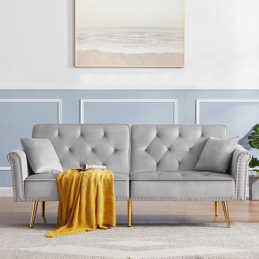 Modern Velvet Tufted Sofa Couch with Pillows   Nailhead Trim