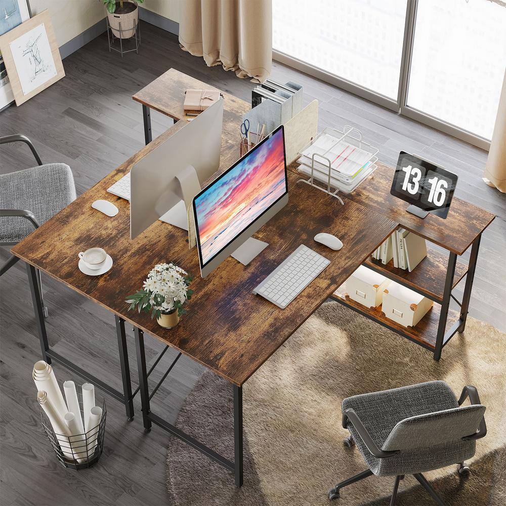 Bestier 55 in. L-Shaped Rustic Brown Desk with Adjustable Shelves D244X-RST