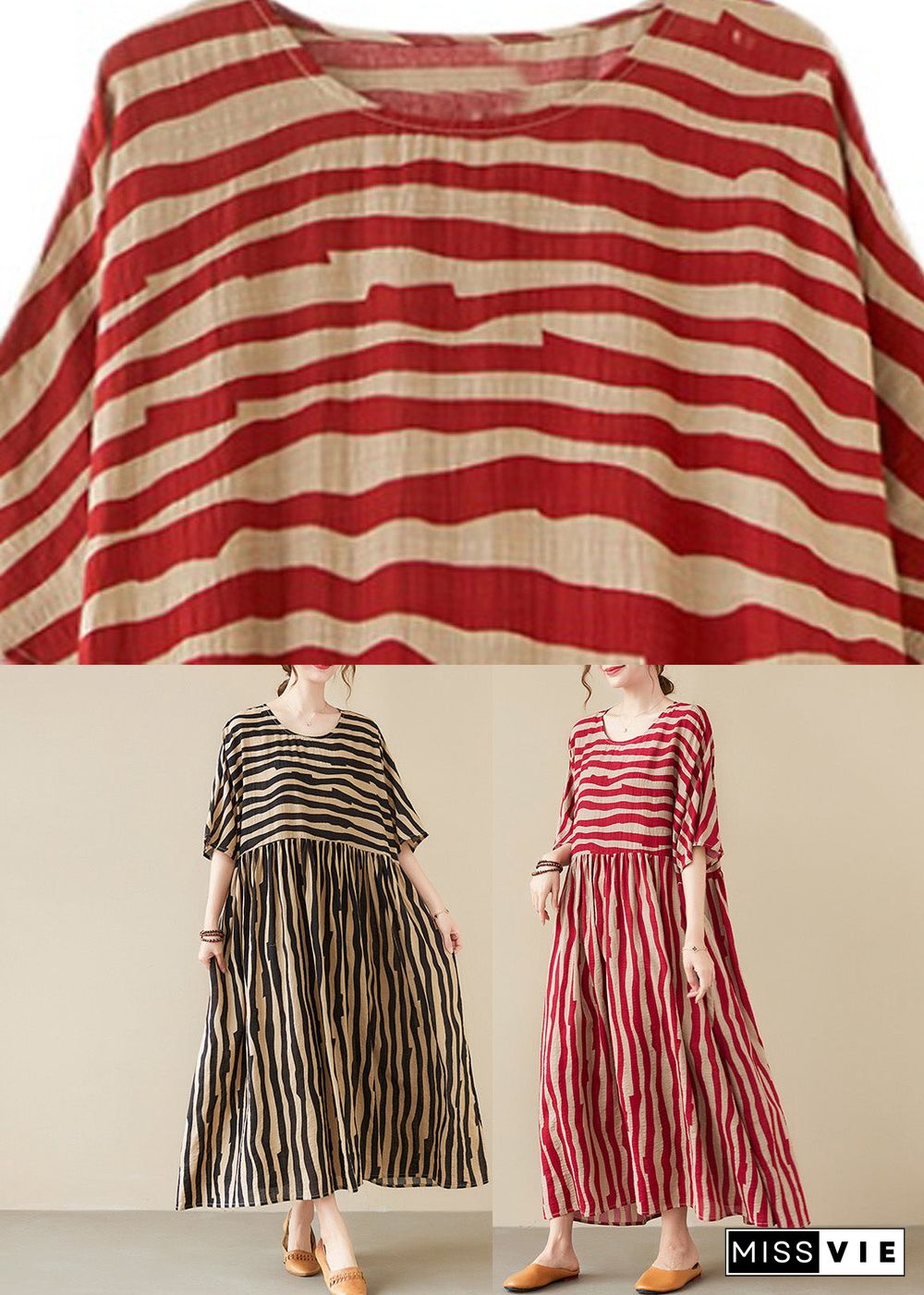 Vogue Red Striped O-Neck Long Dresses Short Sleeve