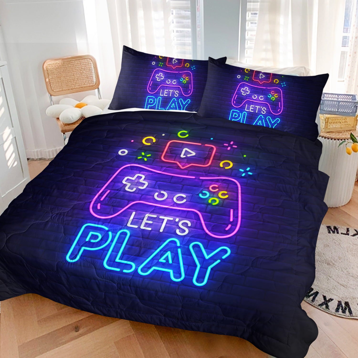 Arightex Gaming Comforter for Boys Twin Size， Abstract Neon Style Bedding Sets for Boys