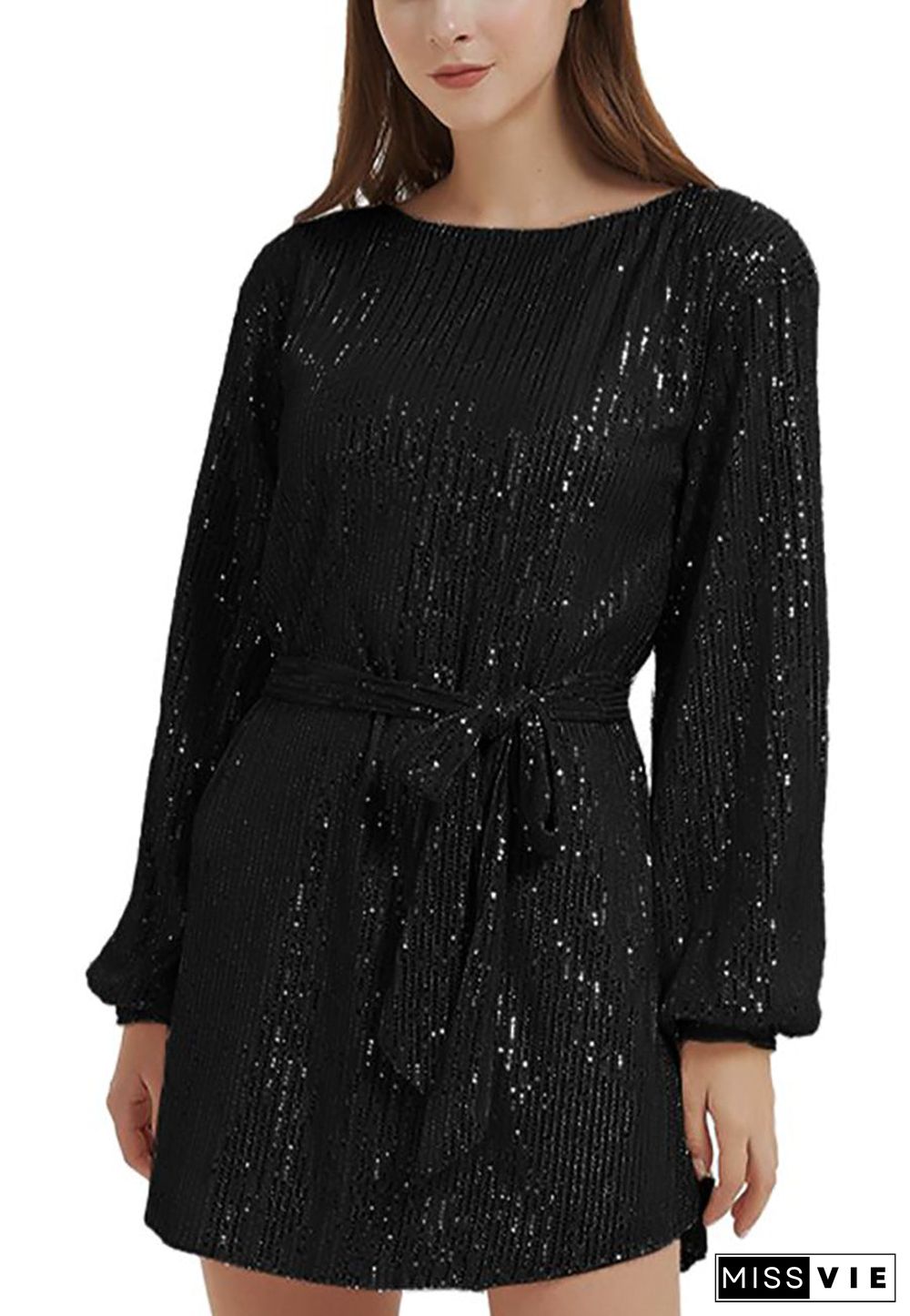 Anna-Kaci Women's Sparkly Sequins Party Dress Long Sleeve Crew Neck Elegant Loose Fashion Dresses