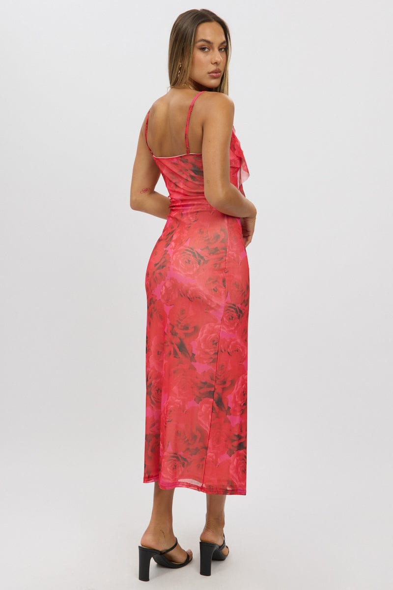 Red Floral Bodycon Dress Ruffle Mesh