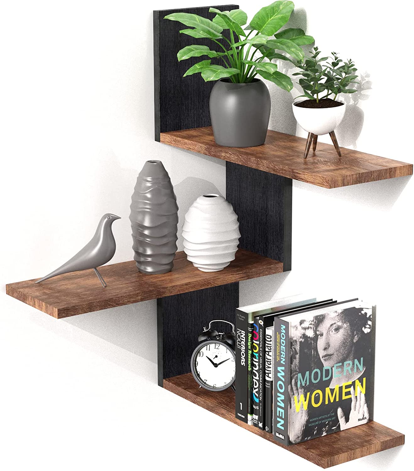 NiHome Floating Wall Shelves 3-Pack, Hanging Corner Shelves, Rustic Wood Book Shelves, Corner Bookshelf for Bedroom, Living Room, Bathroom, Wall Mounted Decor (Black & Brown)