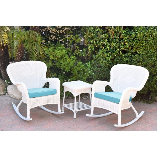 Windsor White Wicker Rocker Chair And End Table Set with Chair Cushion