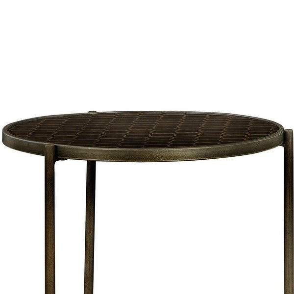 Gus 23 Inch Modern Side End Table， Round Honeycomb Top， Brown Wood， Metal