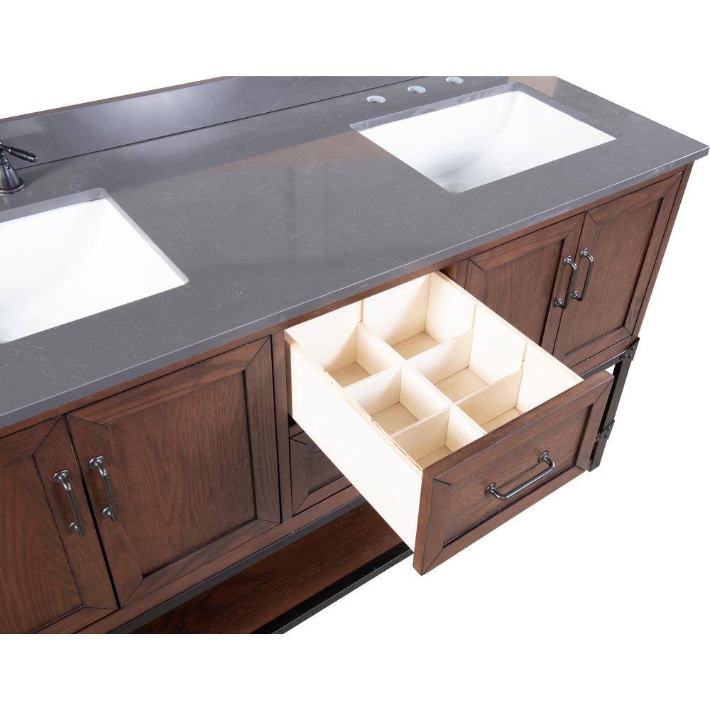 Home Decorators Collection Alster 60in. W x 22in. D x 35in. H Double Vanity in Brown Oak with Engineered Calacatta Grey Marble Top and White Sinks TJ-0401V6022BR