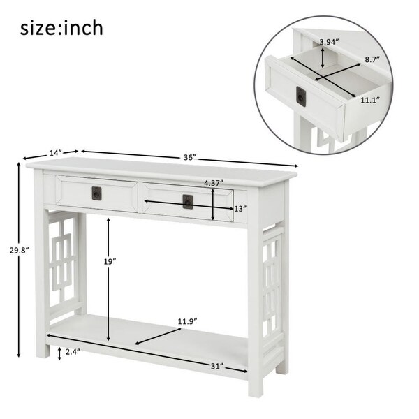 36 in. White Rectangle Wood Console Table with 2-Drawers and Shelf