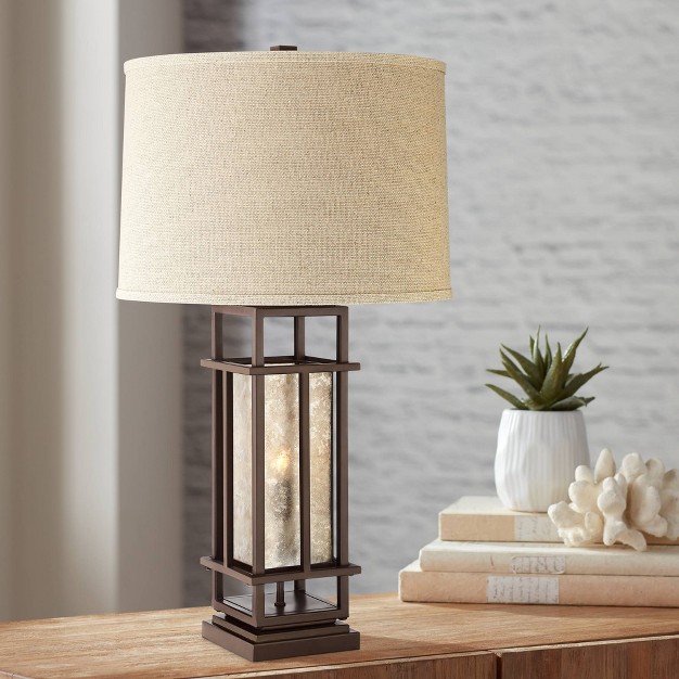 Tall Brown Caged With Led Nightlight Oatmeal Fabric Drum Shade For Bedroom Living Room