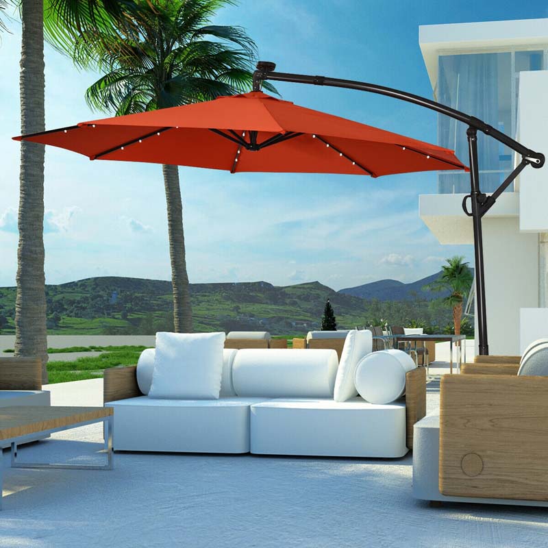 10 FT Patio Offset Umbrella with Solar Lights 360° Rotation Outdoor Market Umbrella with Crank Handle & Cross Base