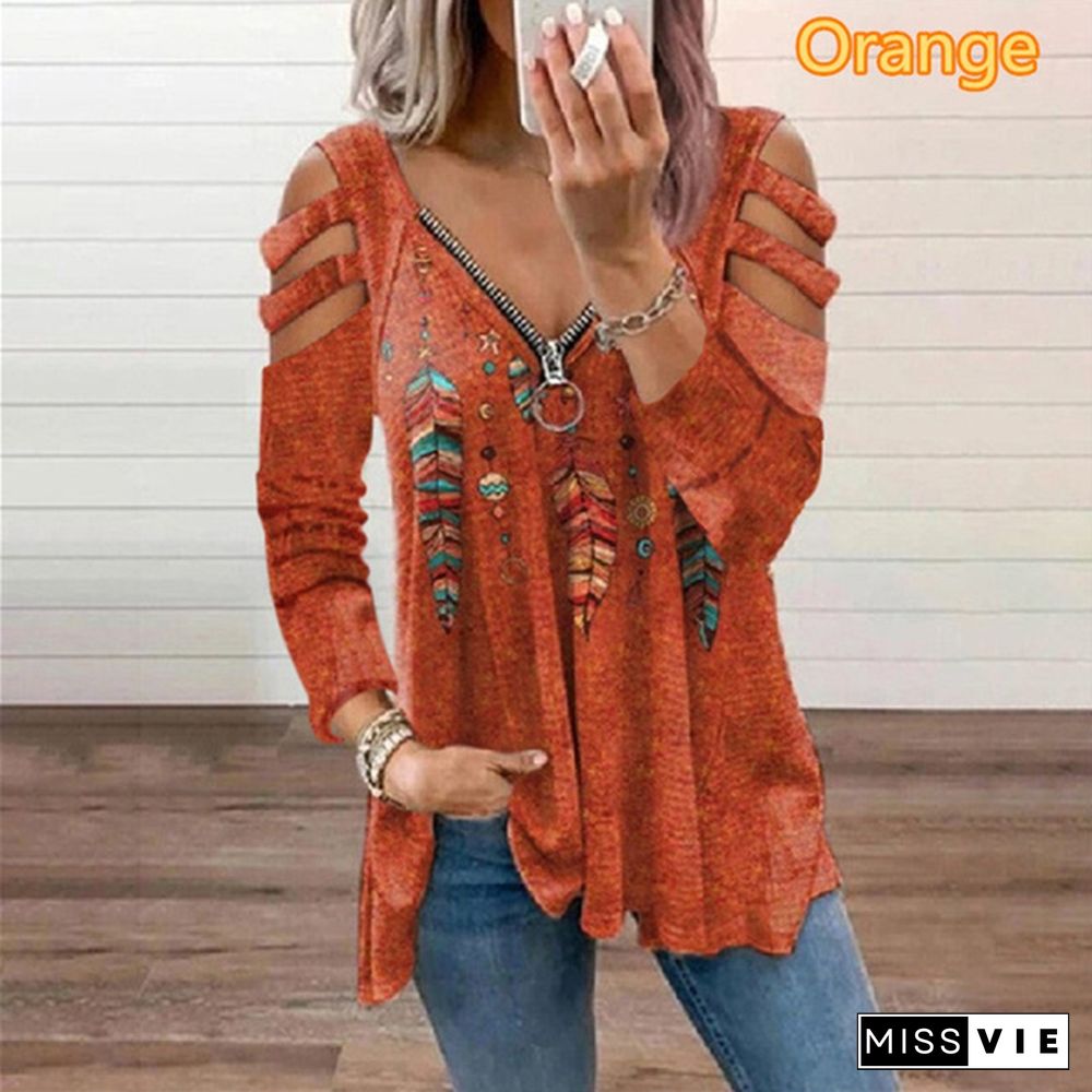 Autumn New Fashion Women's Plaid Feather Printed Long Sleeve Strapless Zipper V-neck Casual T-shirt Loose Plus Size Soft and Comfortable Top Shirt XS-5XL