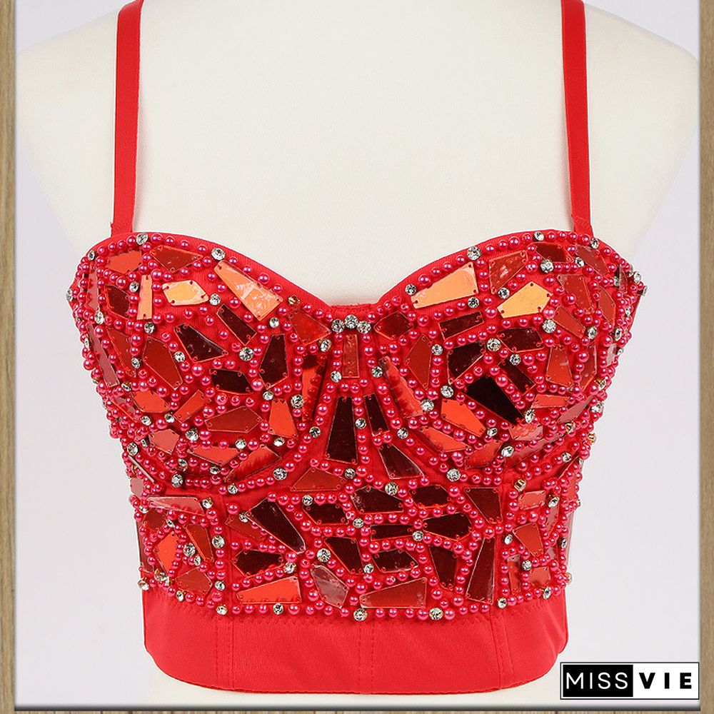 Sexy Beaded Diamond Sequins Women Camis Cropped Top Night Club Party Corset Crop Top To Wear Out Push Up Bustier Bra Db905